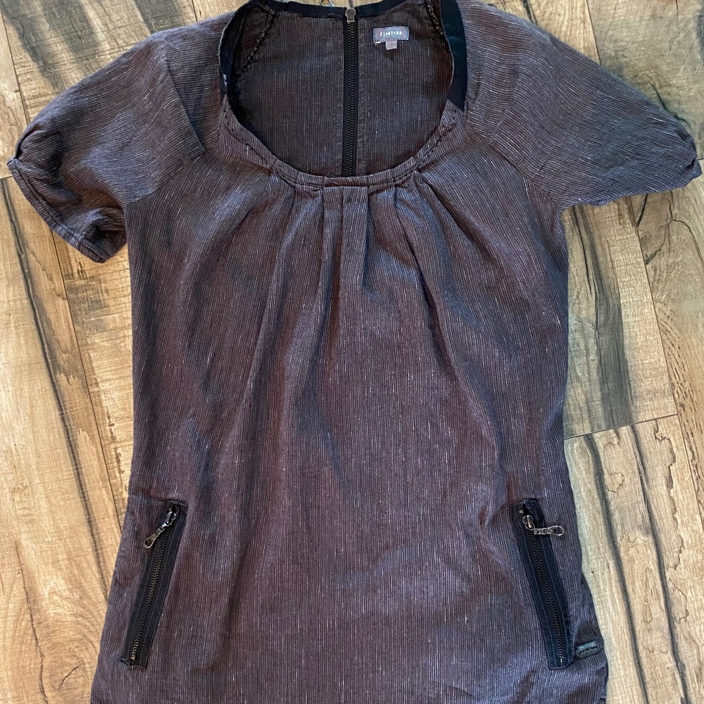 Y2K FIRETRAP Gray Pinstripe Tunic Mini Dress w Pockets Bold Zipper Back Sz Small